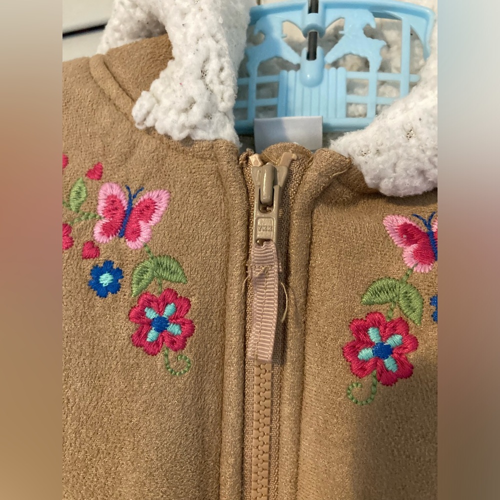 🌵 Little Me Girls Tan Suede Jacket Coat Floral Fleece Hoodie Zipper 18M Warm - Picture 11 of 12